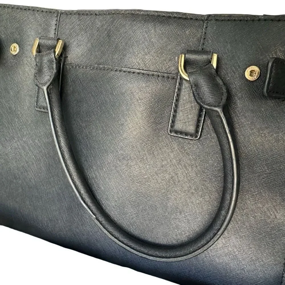 Michael Kors Black Dillon Saffiano Leather Gold EW Satchel Bag Purse